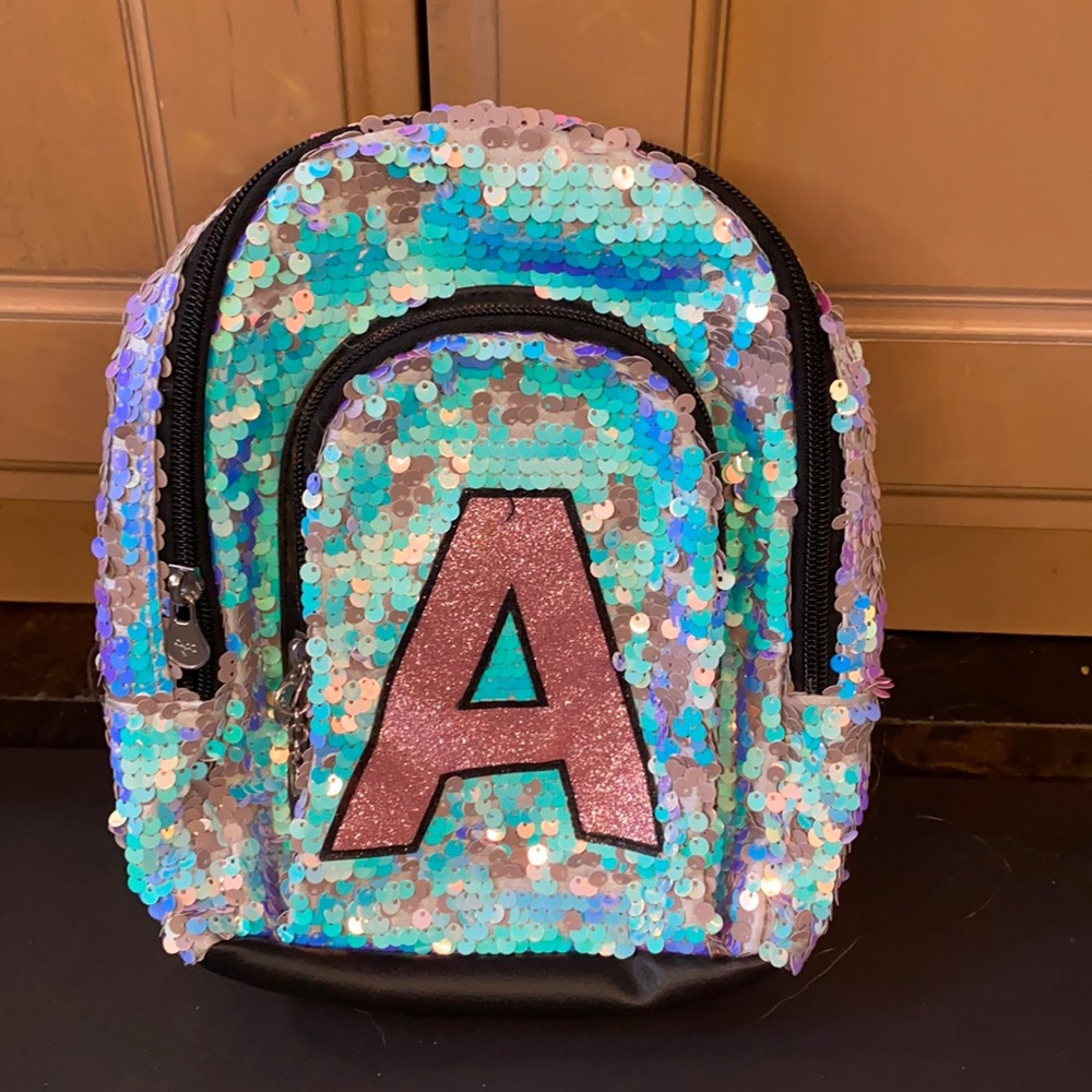 Small kids Mini backpack. Monogram “A”. Sequins flippy design. Multiple pockets